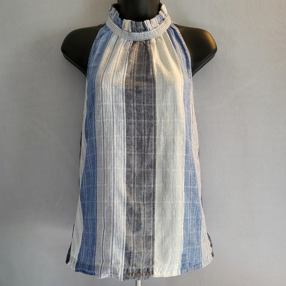 Women Universal Thread Size Large Sleeveless Denim Colored Striped Blouse, GUC